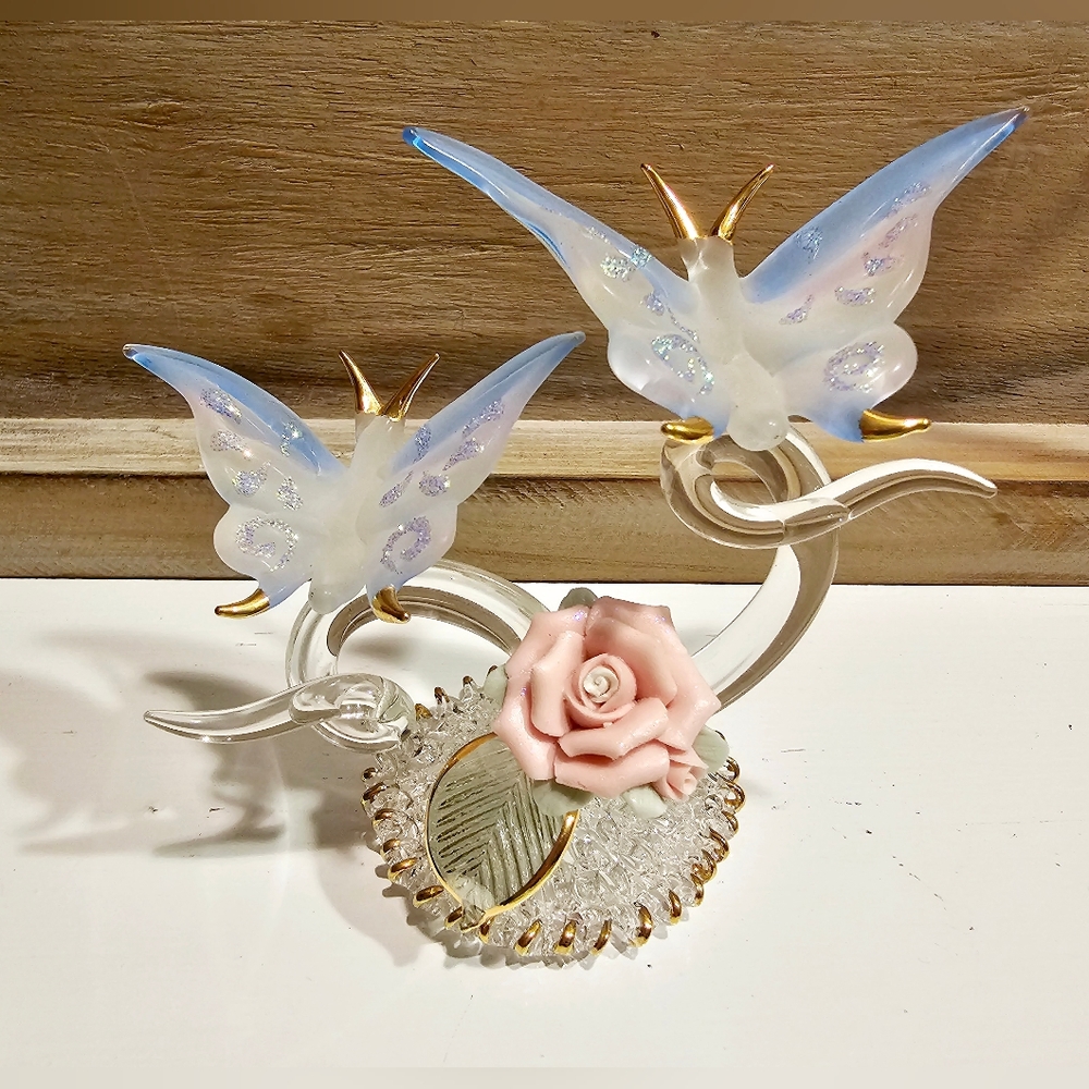 Hand Blown Glass Flying Butterflys, Ceramic Flower with Gold Trim Decor Figurine